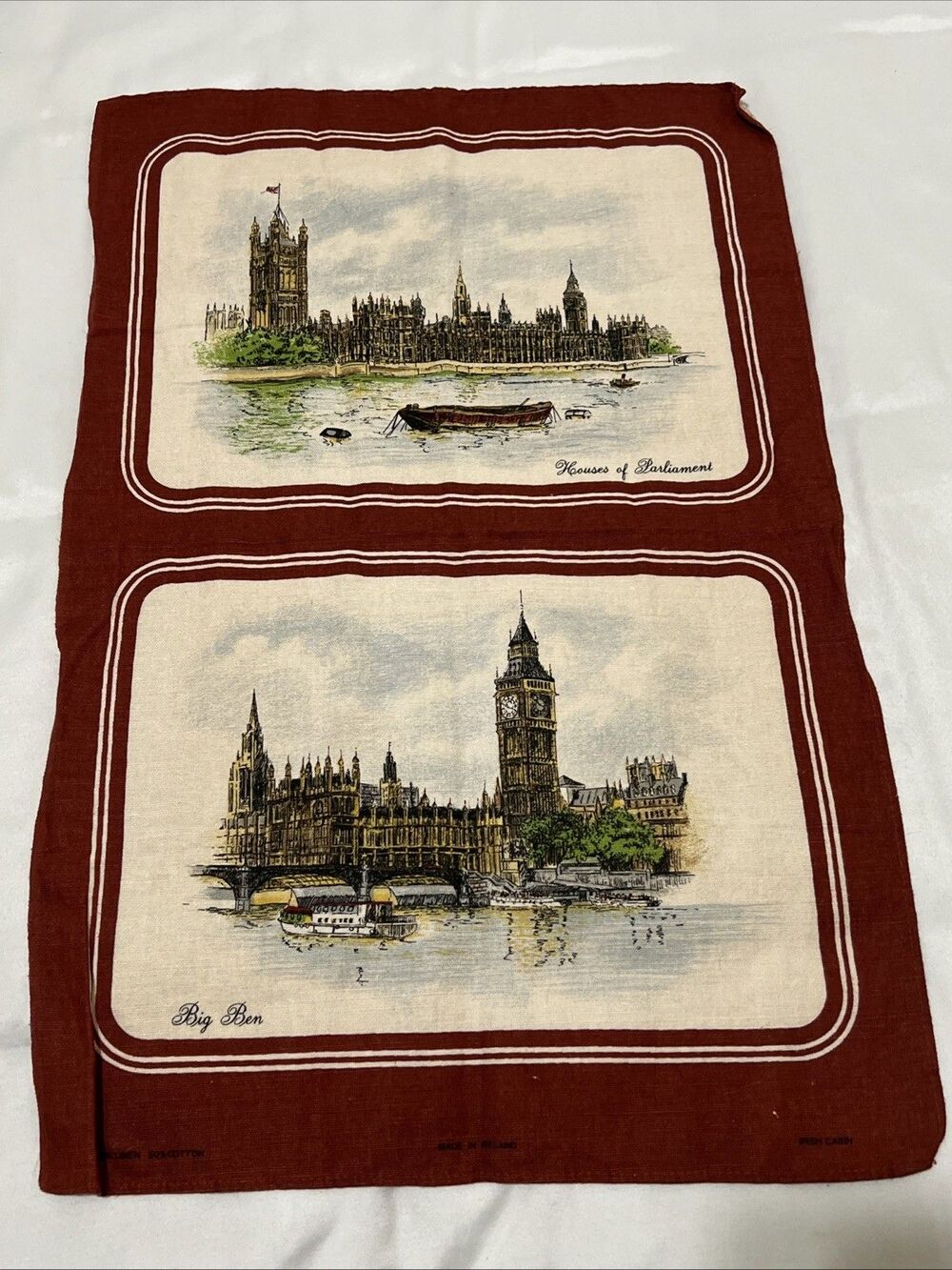 Vtg Irish Cabin Towel House of Parliament Big Ben Tea Towel Irish Linen UK